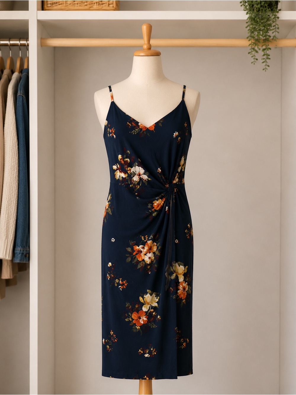 Nine Britton Navy Floral Faux Wrap Midi Dress Size M